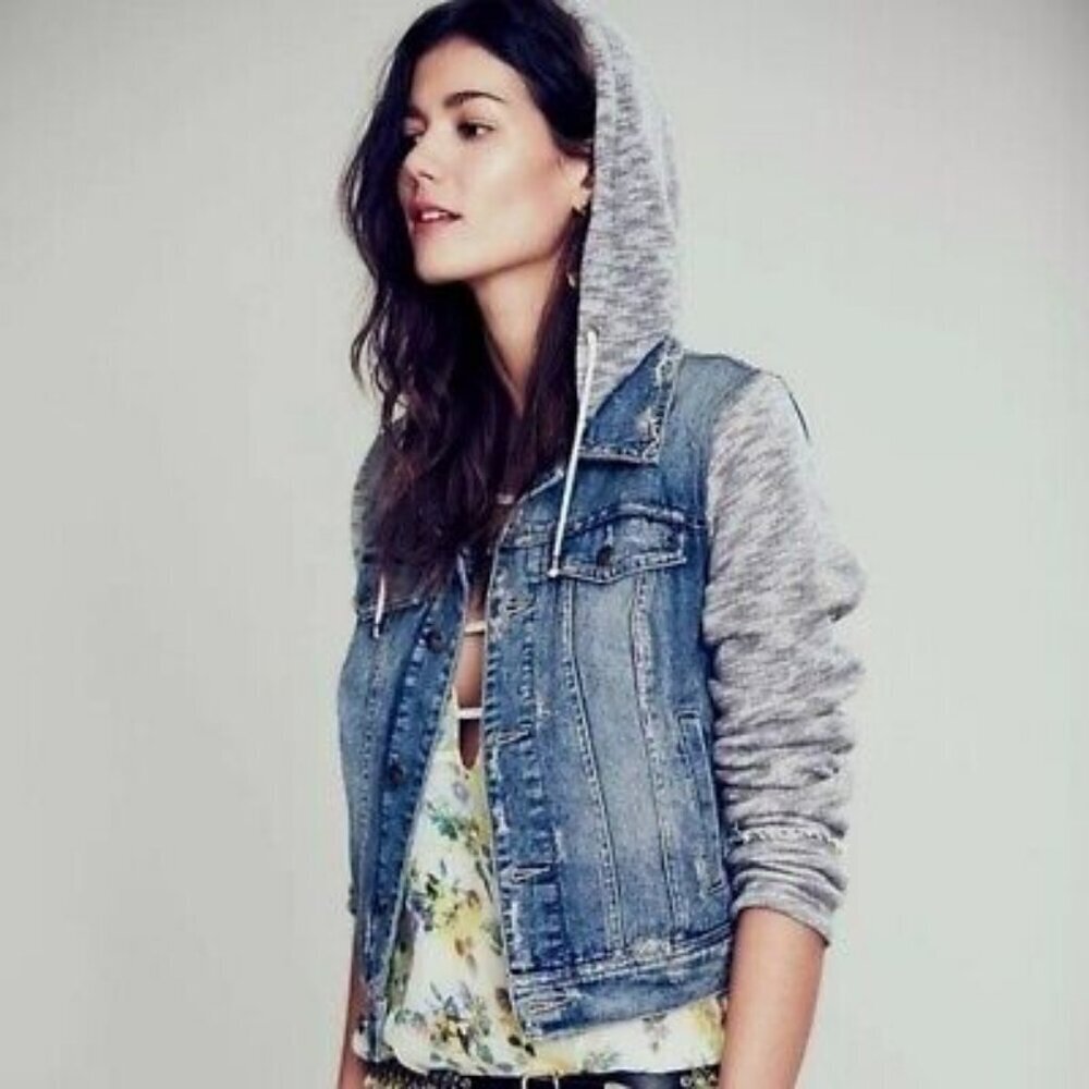 Free People Blue Denim Jean Heather Gray Knit Long Sleeve Hooded Jacket Size XS - Picture 3 of 12